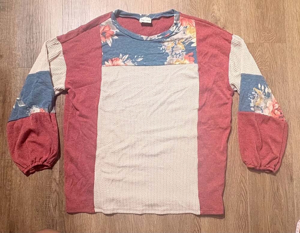Lovely Melody Women Med Waffle Knit Colorblock Floral Patchwork  Sweater NWOT